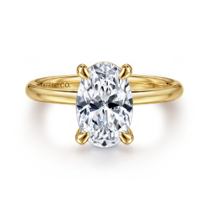 Gabriel & Co. ER15619O8Y4JJJ 14 karat yellow gold Classic engagement ring, front view of an oval center in claw prongs with rounded teardrop tips above a smooth band