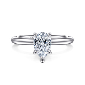 Gabriel & Co. ER15619P4W4JJJ 14 karat white gold Classic engagement ring, front view of a pear shaped center with a claw prong guarding its narrow point