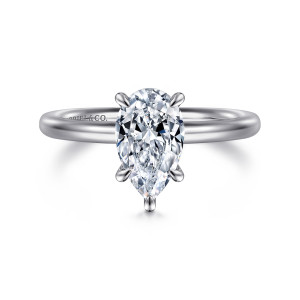 Gabriel & Co. ER15619P6W4JJJ 14 karat white gold Classic engagement ring, front view of slim rounded claws following the pear shaped center down to its point