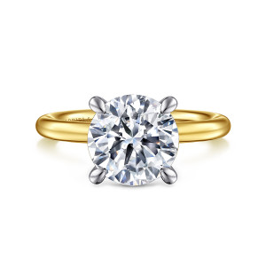 Gabriel & Co. ER15619R12M4JJJ 14 karat white and yellow gold Classic engagement ring, front view of a round center held by four rounded claw prongs over a smooth band