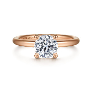 Gabriel & Co. ER15619R4K4JJJ 14 karat rose gold Classic engagement ring, front view of a round center held by four rounded tip prongs on a smooth band