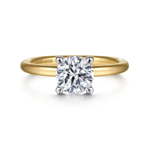 Gabriel & Co. ER15619R4M4JJJ 14 karat white and yellow gold Classic engagement ring, front view of a round center held by four tapered claw prongs