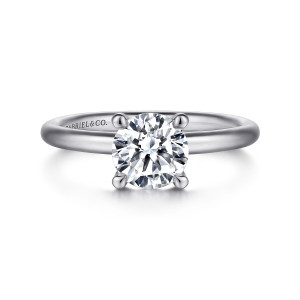 Gabriel & Co. ER15619R4PTJJJ platinum Classic engagement ring, front view of a round center held by four teardrop shaped prongs on a smooth slim band