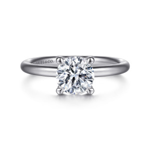 Gabriel & Co. ER15619R4W4JJJ 14 karat white gold Classic engagement ring, front view of a round center held by four rounded prong tips on a slender band