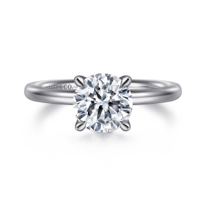 Gabriel & Co. ER15619R6W4JJJ 14 karat white gold Classic engagement ring, front view of a round center held by slender prongs with rounded tips