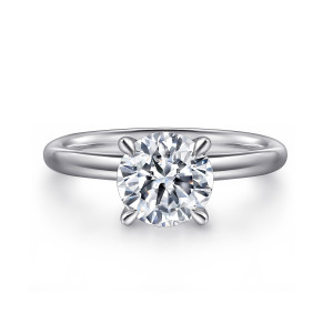 Gabriel & Co. ER15619R8PTJJJ platinum Classic engagement ring, front view of a round center held by slim prongs with rounded tips