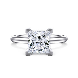 Gabriel & Co. ER15619S10W4JJJ 14 karat white gold Classic engagement ring, front view of a princess cut center held at each corner by a flat topped, angled prong