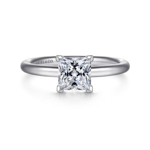 Gabriel & Co. ER15619S4W4JJJ 14 karat white gold Classic engagement ring, front view of a square center held by four angular corner prongs on a smooth band