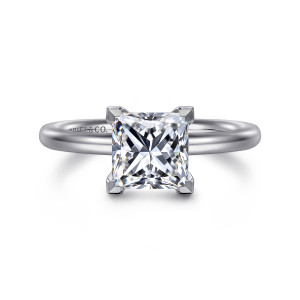 Gabriel & Co. ER15619S6W4JJJ 14 karat white gold Classic engagement ring, front view of a square center held at its corners by four angular prongs on a plain band