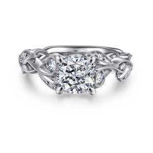 Gabriel & Co. ER15626C6W44JJ 14 karat white gold Floral Nouveau engagement ring, front view of a cushion cut center flanked by beaded leaves holding small round stones