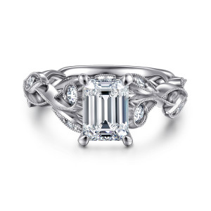 Gabriel & Co. ER15626E6W44JJ 14 karat white gold Floral Nouveau engagement ring, front view of an emerald cut center with beaded leaf frames and small round stones on both shoulders