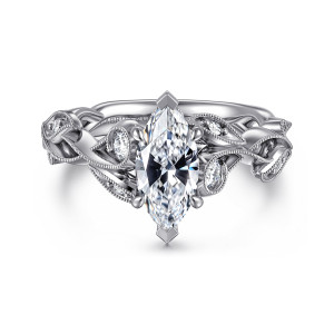 Gabriel & Co. ER15626M4W44JJ 14 karat white gold Floral Nouveau engagement ring, front view of a marquise center among beaded leaf shaped frames holding small round diamonds