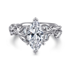 Gabriel & Co. ER15626M6W44JJ 14 karat white gold Floral Nouveau engagement ring, front view of a marquise center with pointed prongs at its tips among beaded leaf shapes