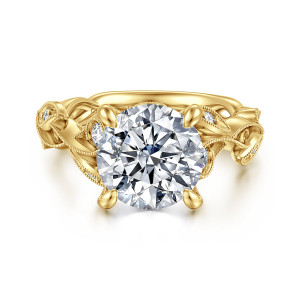 Gabriel & Co. ER15626R12Y44JJ 14 karat yellow gold Floral Nouveau engagement ring, front view of a round center with openwork vine and leaf shoulders edged in beading