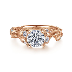 Gabriel & Co. ER15626R4K44JJ 14 karat rose gold Floral Nouveau engagement ring, front view of a round center between leaf shaped frames and round bezel stones on beaded vines