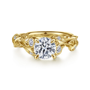 Gabriel & Co. ER15626R4Y44JJ 14 karat yellow gold Floral Nouveau engagement ring, front view of a round center flanked by beaded leaf shapes holding small diamonds