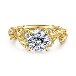 Gabriel & Co. ER15626R6Y44JJ 14 karat yellow gold Floral Nouveau engagement ring, front view of a round center with milgrain edged leaves and small stones curling along both shoulders