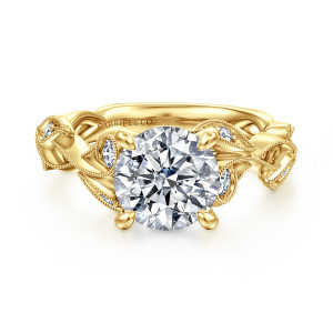 Gabriel & Co. ER15626R8Y44JJ 14 karat yellow gold Floral Nouveau engagement ring, front view of a round center on four rounded prongs among beaded leaf frames holding small stones