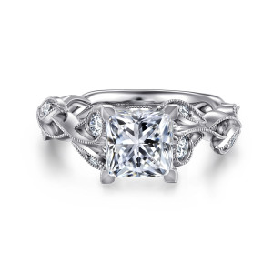 Gabriel & Co. ER15626S6W44JJ 14 karat white gold Floral Nouveau engagement ring, front view of a princess cut center with round diamonds set in leaves on both sides