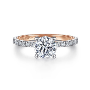 Gabriel & Co. ER15681R6T44JJ 14 karat white and rose gold Classic engagement ring, front view of a round center on four prongs above a slim band with a warmer inner lining