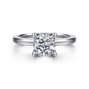 Gabriel & Co. ER15702C6W4JJJ 14 karat white gold Classic engagement ring, front view of a cushion cut center in four claw prongs on a smooth band