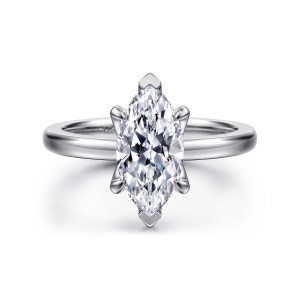 Gabriel & Co. ER15702M6W4JJJ 14 karat white gold Classic engagement ring, front view of a marquise center with pointed V shaped guards at both ends