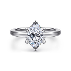 Gabriel & Co. ER15702O6W4JJJ 14 karat white gold Classic engagement ring, front view of an oval center gripped by pointed claw prongs above a smooth polished band