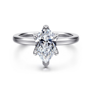 Gabriel & Co. ER15702P6W4JJJ 14 karat white gold Classic engagement ring, front view of a pear shaped center with rounded claws and a V shaped guard at its point
