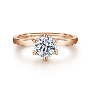 Gabriel & Co. ER15702R4K4JJJ 14 karat rose gold Classic engagement ring, front view of a round center held by six evenly spaced prongs on a smooth band