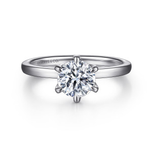 Gabriel & Co. ER15702R4W4JJJ 14 karat white gold Classic engagement ring, front view of a round center gripped by six evenly spaced claw prongs on a flat band