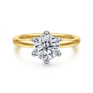 Gabriel & Co. ER15702R6M4JJJ 14 karat white and yellow gold Classic engagement ring, front view of a round center gripped by six tapered prongs on a smooth band