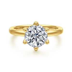 Gabriel & Co. ER15702R8Y4JJJ 14 karat yellow gold Classic engagement ring, front view of a round center held by six teardrop shaped prongs above a smooth band