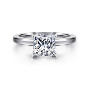 Gabriel & Co. ER15702S6W4JJJ 14 karat white gold Classic engagement ring, front view of a princess cut center gripped at each corner by V shaped prongs