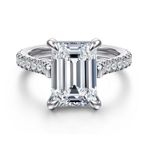 Gabriel & Co. ER15727E18W44JJ 14 karat white gold Classic engagement ring, front view of an emerald cut center with scalloped pave stones along both shoulders