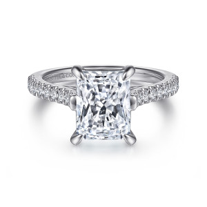 Gabriel & Co. ER15727N11W44JJ 14 karat white gold Classic engagement ring, front view of a clipped corner rectangular center with four slim prongs and diamonds on the shoulders