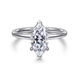Gabriel & Co. ER15739M6W44JJ 14 karat white gold Classic engagement ring, front view of a marquise center with pointed tip prongs above a plain round shank