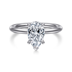 Gabriel & Co. ER15739P6W44JJ 14 karat white gold Classic engagement ring, front view of a pear center with a V prong at its point above a round band