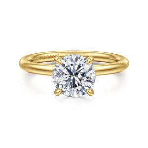 Gabriel & Co. ER15739R6Y44JJ 14 karat yellow gold Classic engagement ring, front view of a round center on teardrop prongs above a smooth, plain band