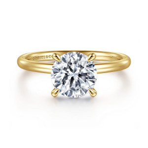 Gabriel & Co. ER15739R8Y44JJ 14 karat yellow gold Classic engagement ring, front view of a round center with four rounded tip prongs on a plain band