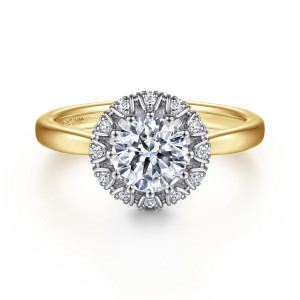 Gabriel & Co. ER15755Q4M44JJ 14 karat white and yellow gold Contemporary engagement ring, front view of a round center ringed by diamonds set in separate ribbed cells