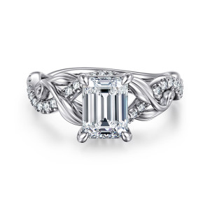 Gabriel & Co. ER15759E6W44JJ 14 karat white gold Floral Nouveau engagement ring, front view of an emerald cut center above crossing leaf ribbons and small diamond lines