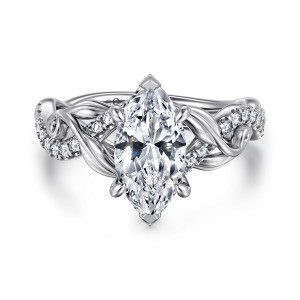 Gabriel & Co. ER15759M6W44JJ 14 karat white gold Floral Nouveau engagement ring, front view of a marquise center with V shaped prongs and diamond lines curving along twisted vines
