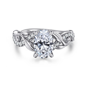 Gabriel & Co. ER15759O6W44JJ 14 karat white gold Floral Nouveau engagement ring, front view of an oval center in claw prongs with leafy strands and diamond ribbons crossing the shoulders
