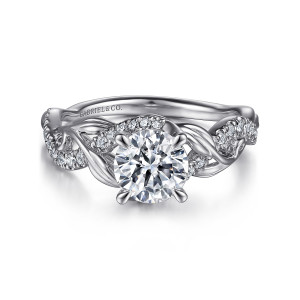 Gabriel & Co. ER15759R4PT4JJ platinum Floral Nouveau engagement ring, front view of a round center with a curved diamond row and leaf shapes at each shoulder