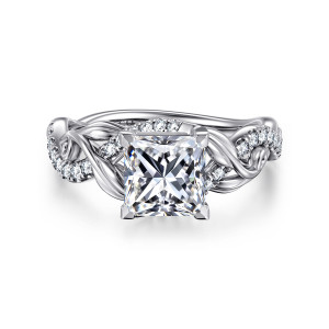 Gabriel & Co. ER15759S6W44JJ 14 karat white gold Floral Nouveau engagement ring, front view of a princess cut center on corner prongs with leaves and diamonds beside it
