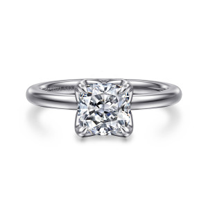 Gabriel & Co. ER15761C6W4JJJ 14 karat white gold Classic engagement ring, front view of a cushion center held by four curved prongs on a smooth band