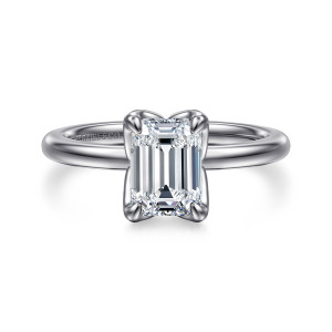 Gabriel & Co. ER15761E6W4JJJ 14 karat white gold Classic engagement ring, front view of an emerald cut center held by rounded claw prongs at each corner