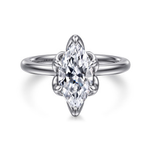 Gabriel & Co. ER15761M6W4JJJ 14 karat white gold Classic engagement ring, front view of a marquise center held by flared prong tips above a smooth band