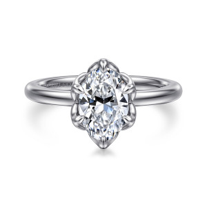 Gabriel & Co. ER15761O6W4JJJ 14 karat white gold Classic engagement ring, front view of an oval center with leaf tipped prongs forming a scalloped outline
