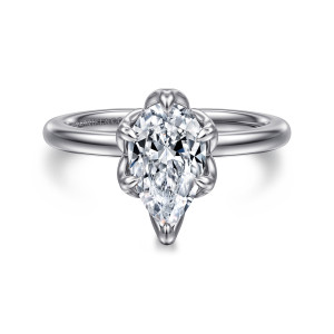 Gabriel & Co. ER15761P6W4JJJ 14 karat white gold Classic engagement ring, front view of a pear shaped center ringed by rounded claws, one at the pointed tip